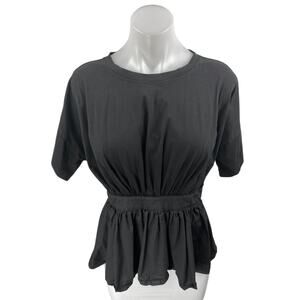 J. Brooks Women's Black Short Sleeve Ruffle Peplum Open Tie Back Blouse Top Sz M